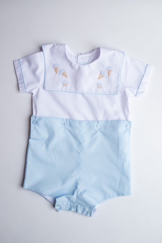 Ice Cream Embroidered Boysuit | White/Blue