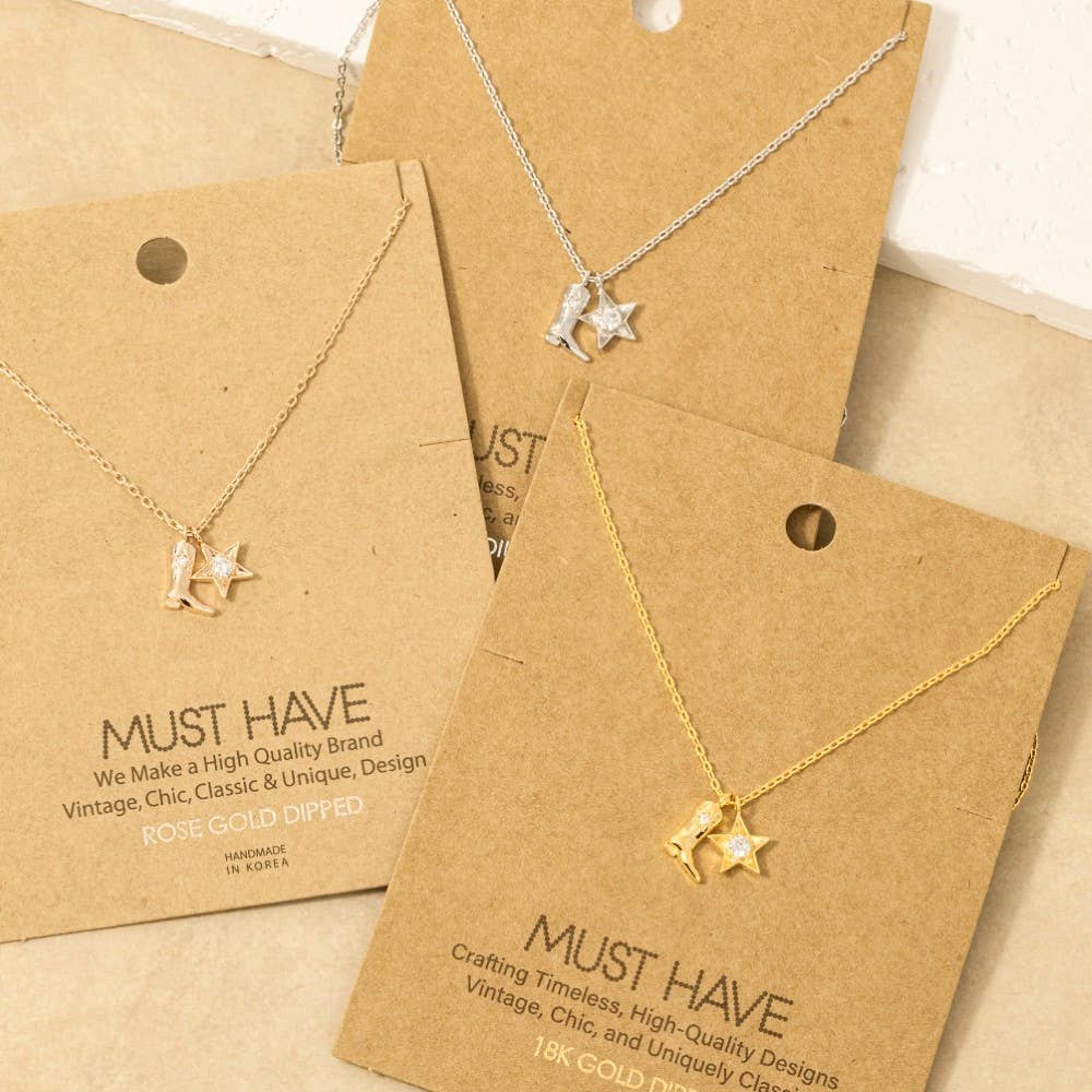 Gold Dipped Cowboy Boots Star Pendant Necklace