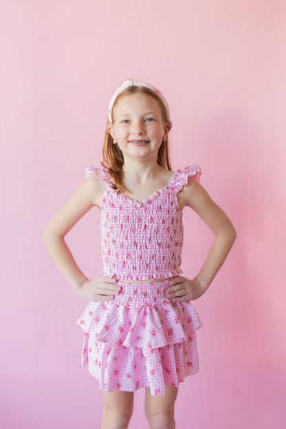 Pink Gingham Floral Tiered Skirt