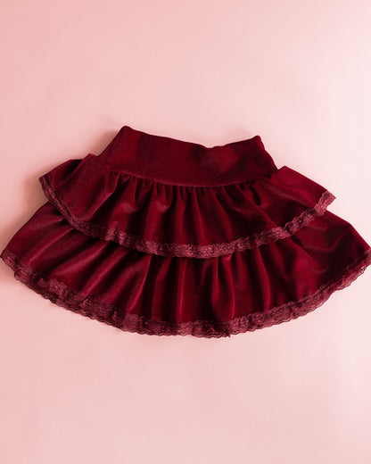 Velvet Lace Trim Tiered Skirt | Maroon