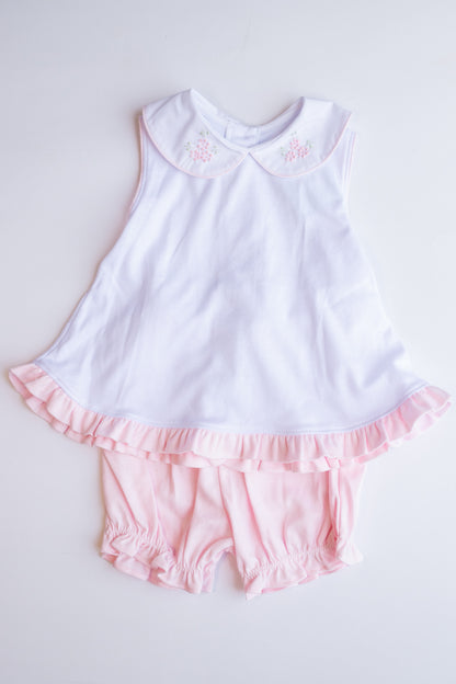 Pink Buds Embroidered Knit Short Set | Pink/White