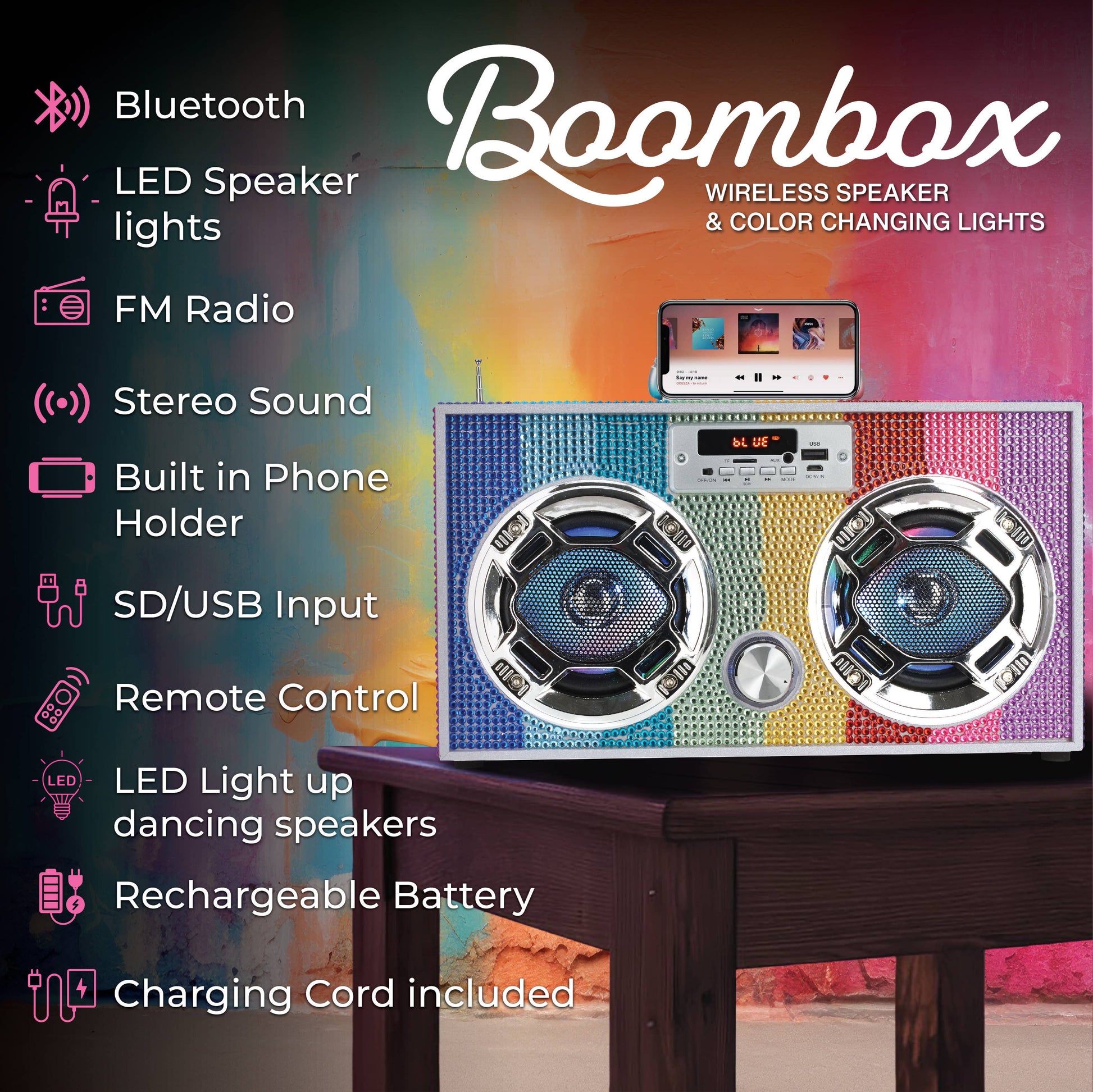 Rainbow Bling Wireless Boom Box with FM Radio