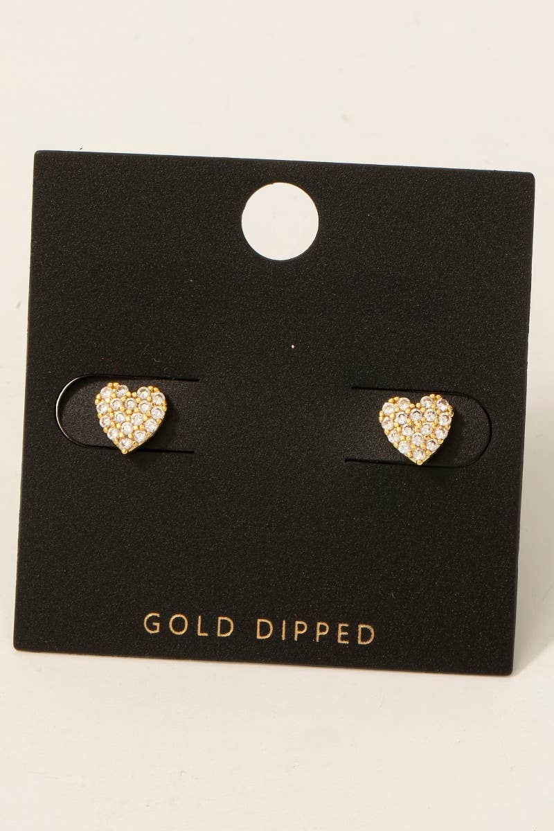 Gold Dipped Cz Pave Heart Stud Earrings