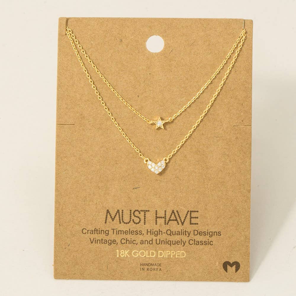 Gold Dipped Layered Chain Pave Heart Star Necklace