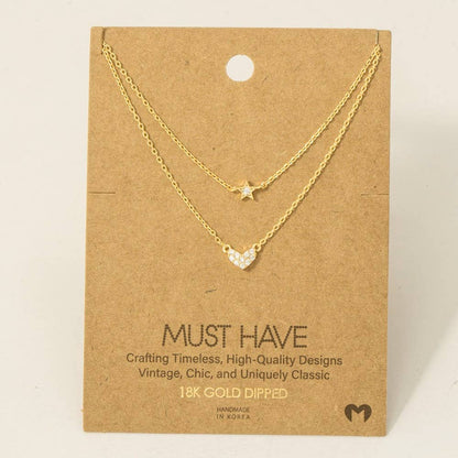 Gold Dipped Layered Chain Pave Heart Star Necklace