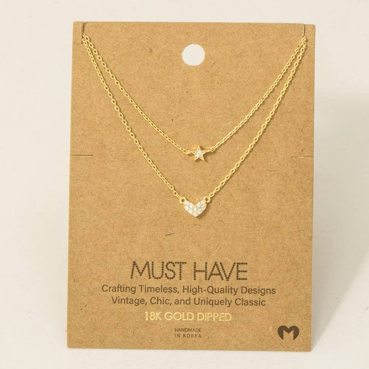 Gold Dipped Layered Chain Pave Heart Star Necklace