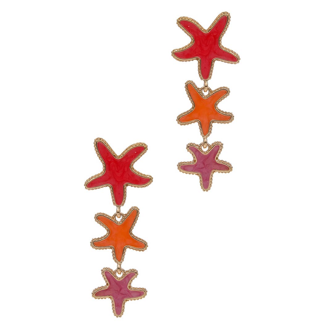 Triple Pearlized Starfish Drops Post Earrings | Coral