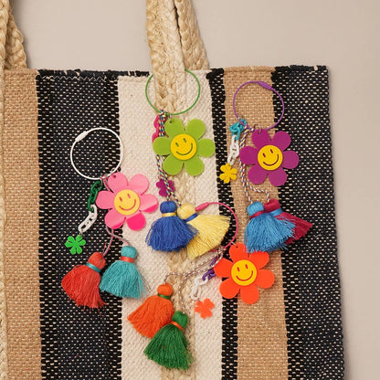 Happy Face Flower Color Tassel Keychain | Fuschsia