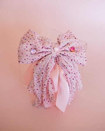 Heart Jeweled Tulle Bow Clip | Pink