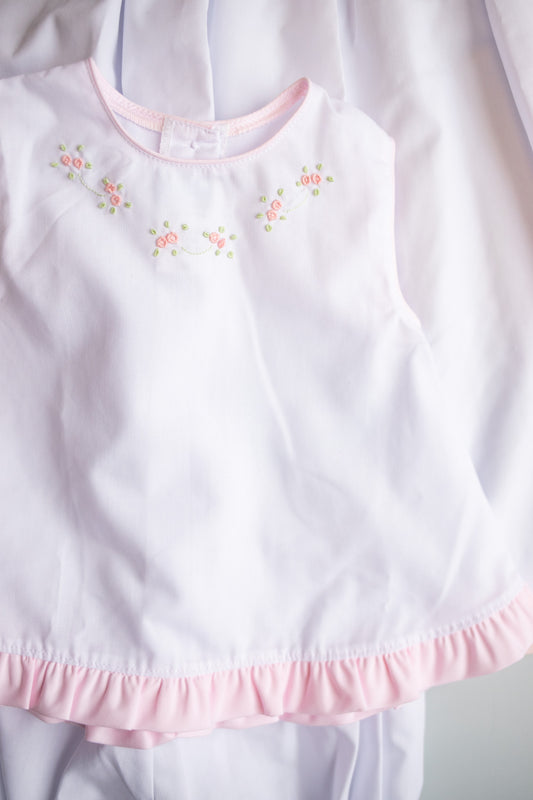 Rose Embroidered Sleeveless Short Set | White