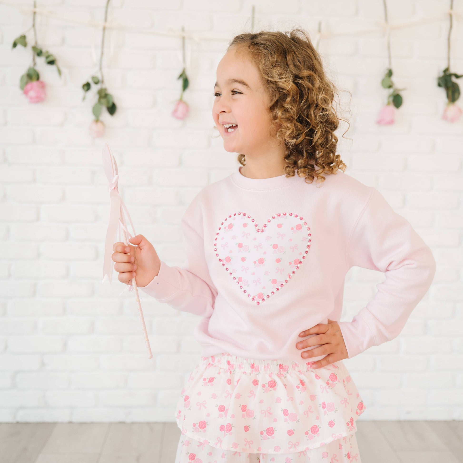 Dainty Rose Pearl Heart Patch Sweatshirt - Kids Clothing