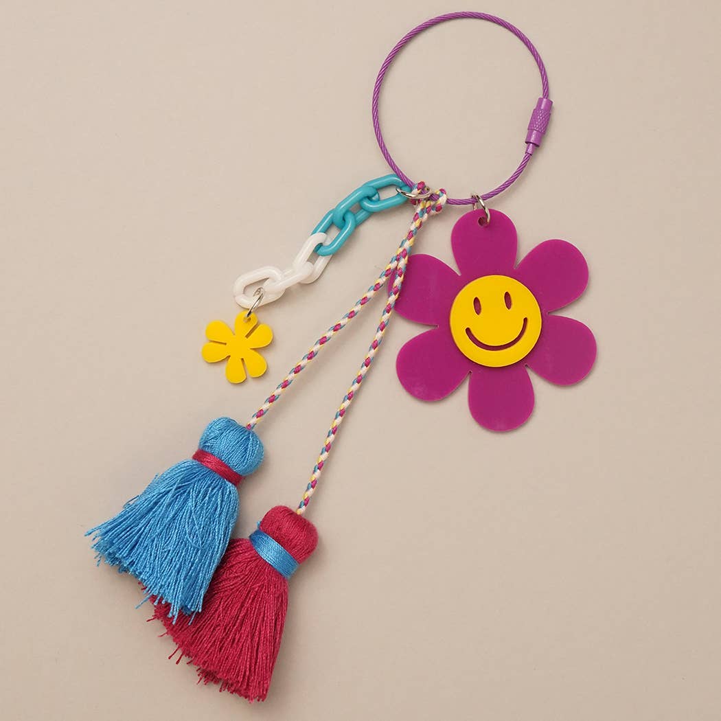 Happy Face Flower Color Tassel Keychain | Fuschsia