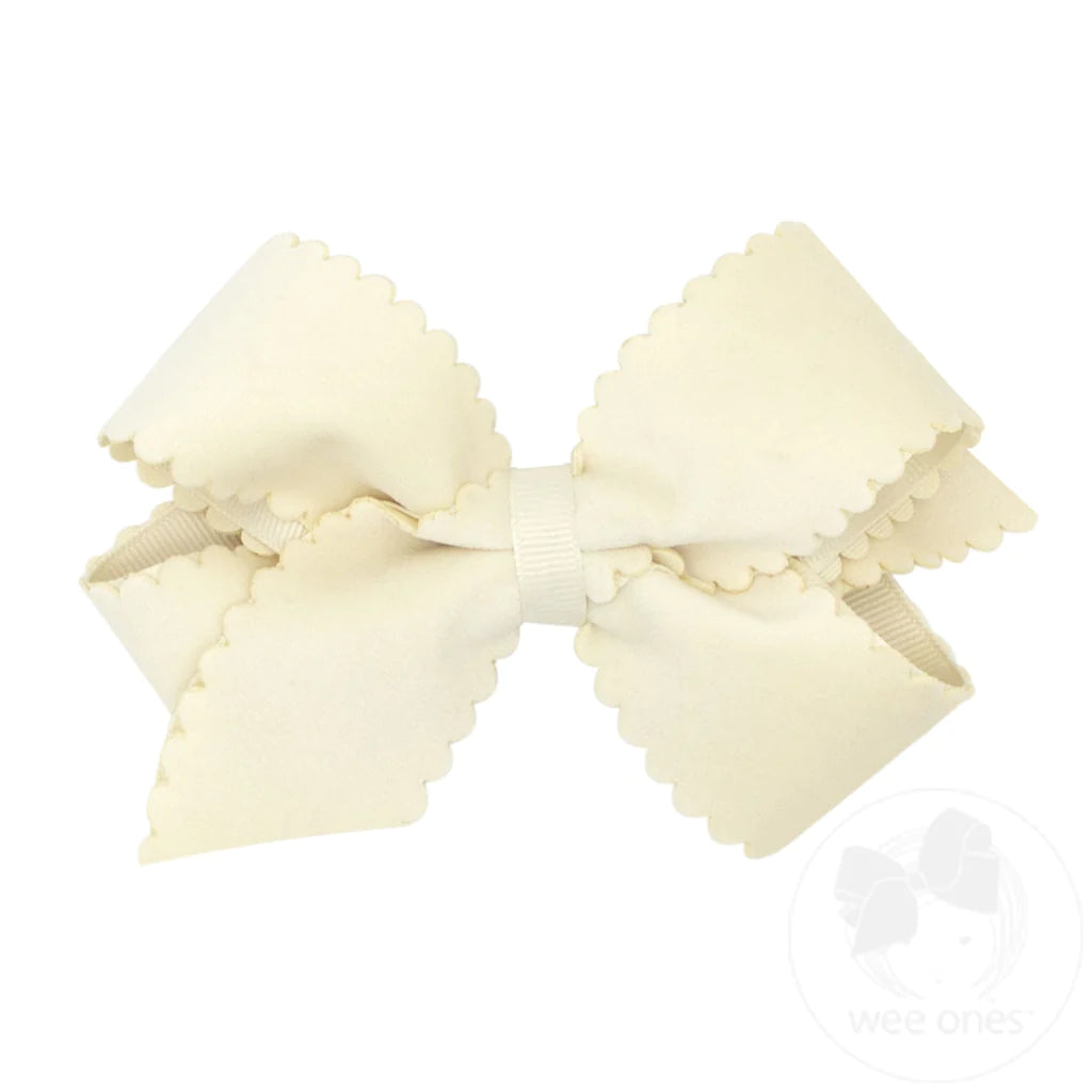 Medium Faux Velvet Scalloped Edge Girls Hair Bow | Antique White