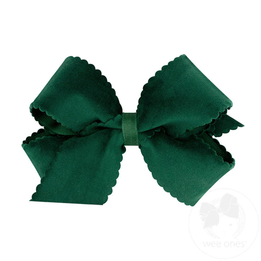 Medium Faux Velvet Scalloped Edge Girls Hair Bow | Forest Green