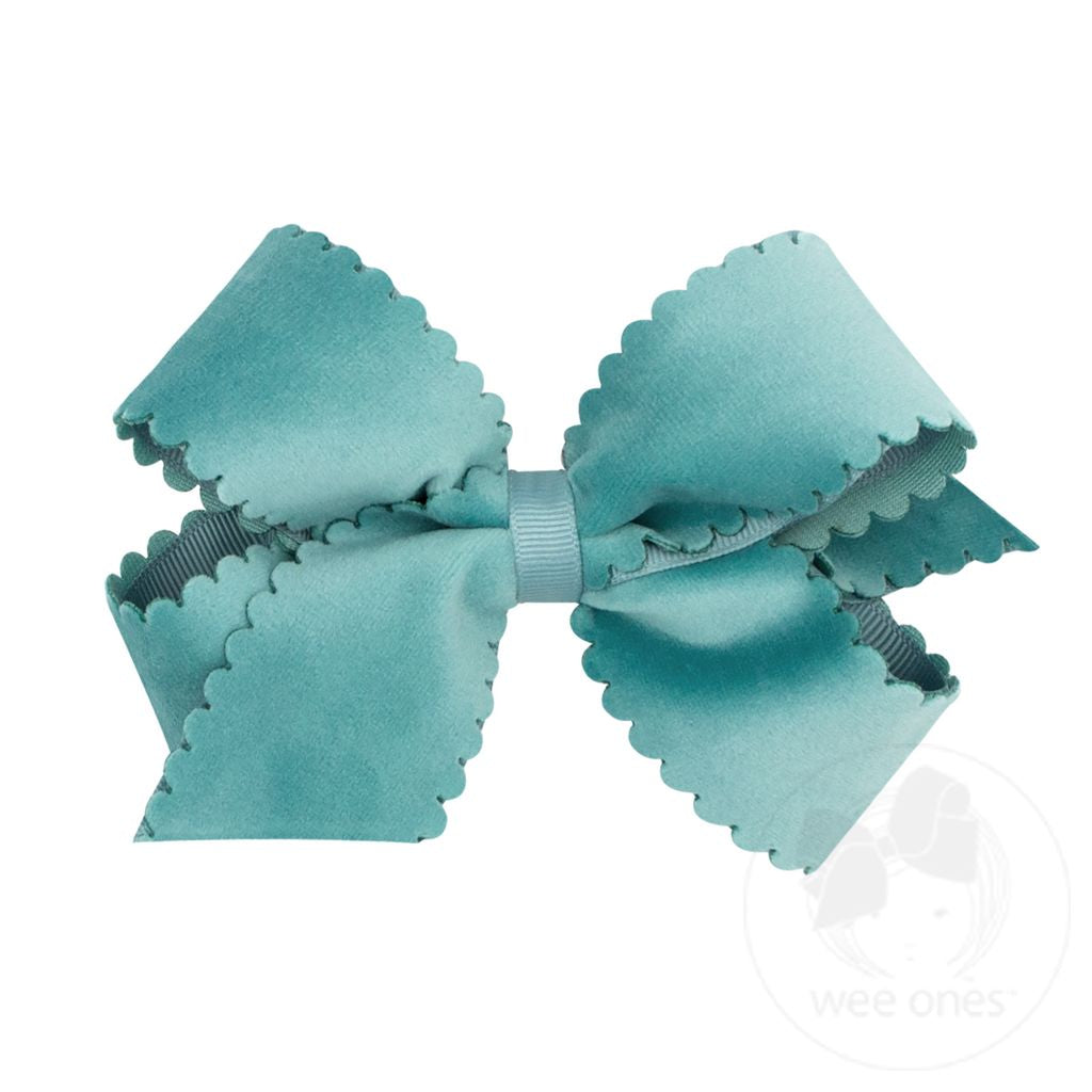 Medium Faux Velvet Scalloped Edge Girls Hair Bow | New Lagoon Blue
