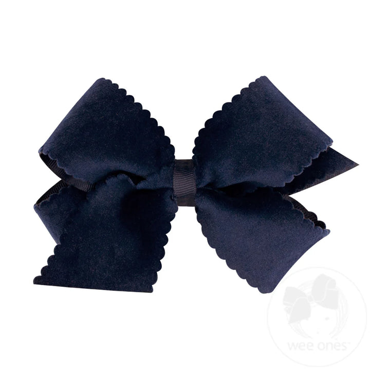 Medium Faux Velvet Scalloped Edge Girls Hair Bow | Navy