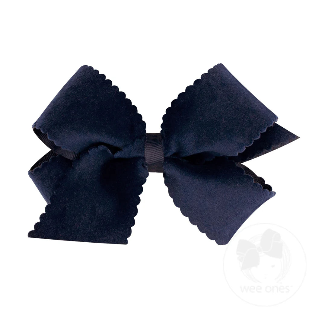 Medium Faux Velvet Scalloped Edge Girls Hair Bow | Navy