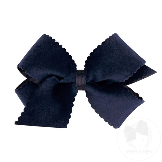 Medium Faux Velvet Scalloped Edge Girls Hair Bow | Navy