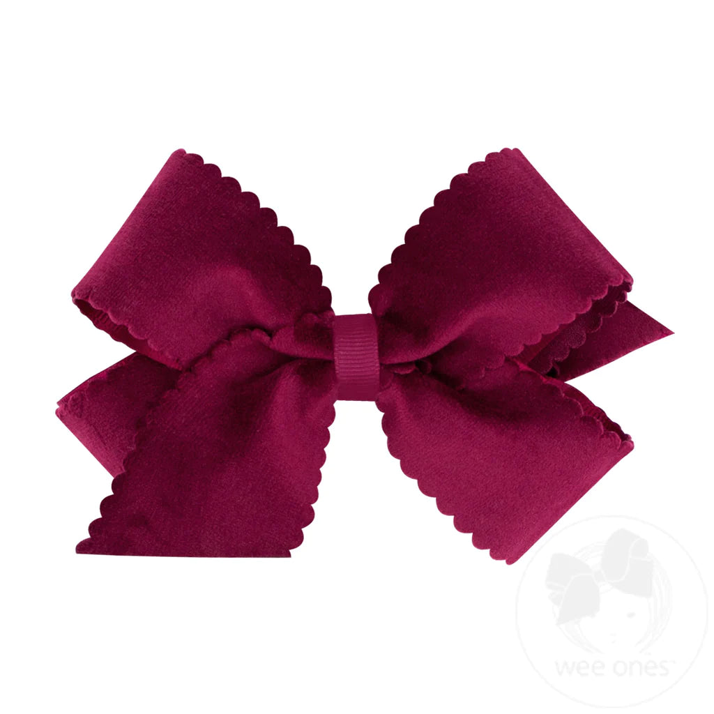 Medium Faux Velvet Scalloped Edge Girls Hair Bow | Wine