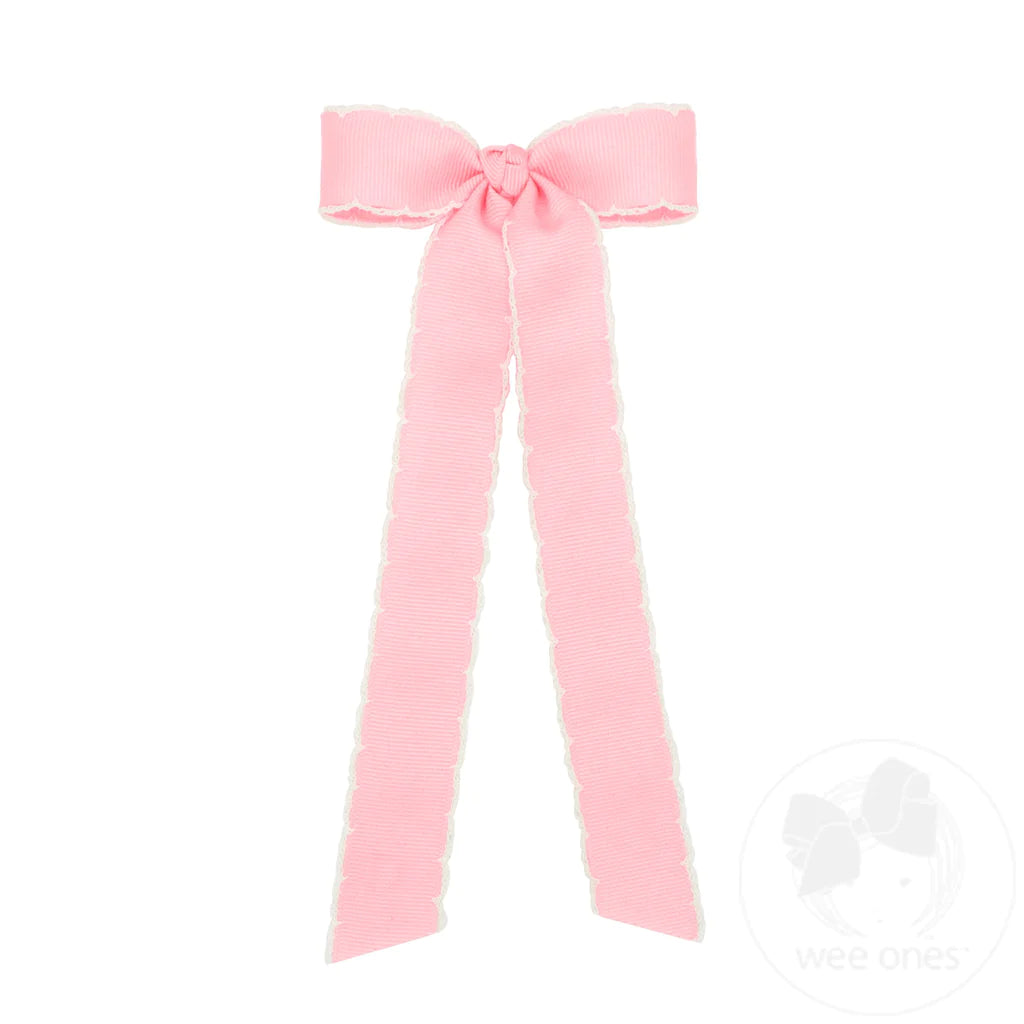 Mini Grosgrain Moonstitch Hair Bowtie | Light Pink/White