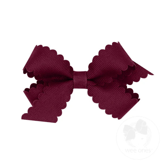 Mini Grosgrain Scalloped Edge Girls Hair Bow | Burgundy