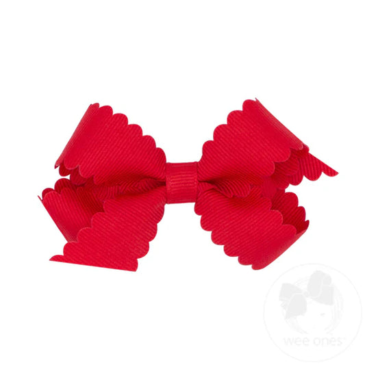 Mini Grosgrain Scalloped Edge Girls Hair Bow | Red