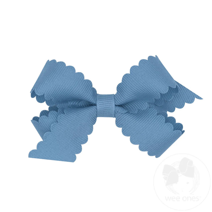 Mini Grosgrain Scalloped Edge Girls Hair Bow | Smoke Blue