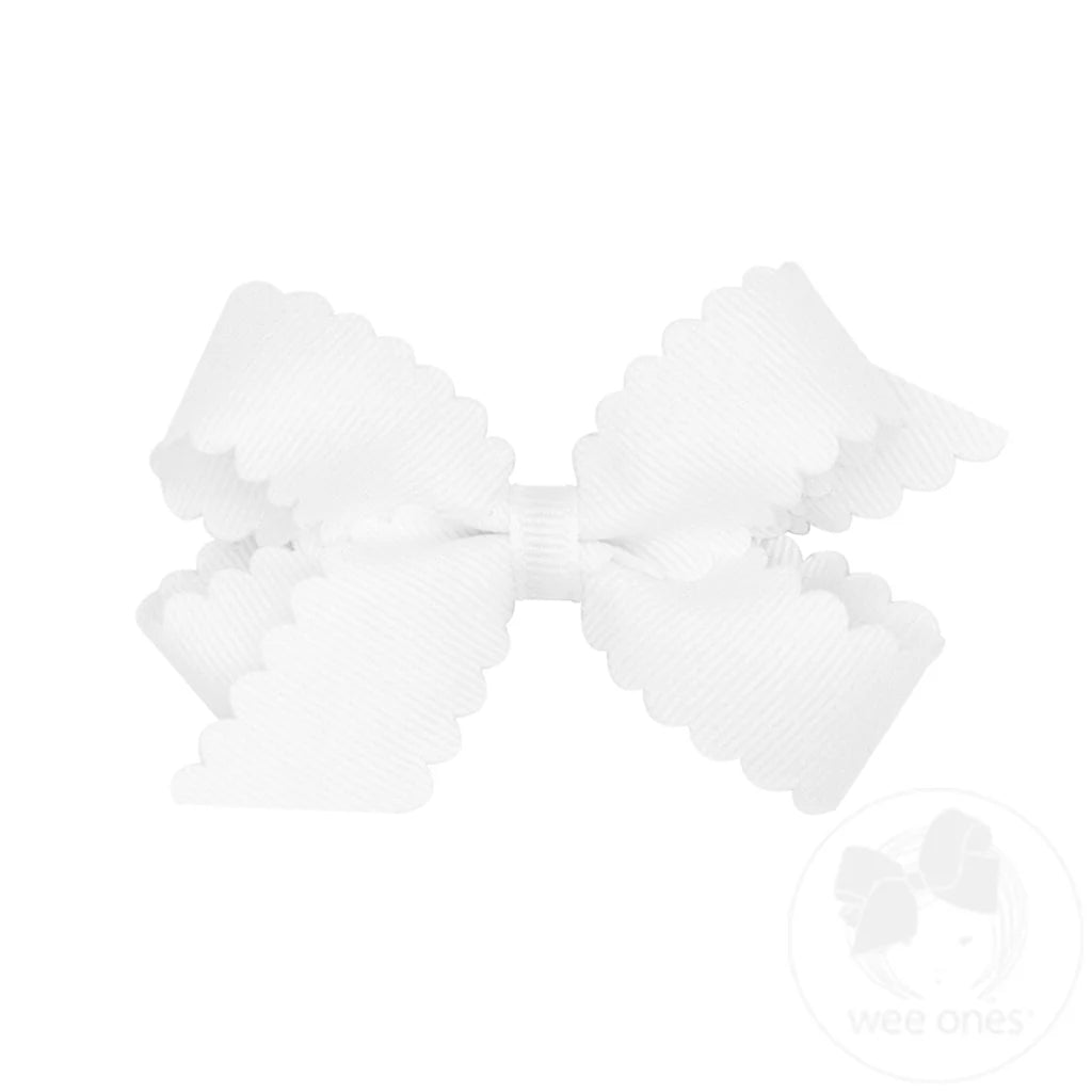 Mini Grosgrain Scalloped Edge Girls Hair Bow | White