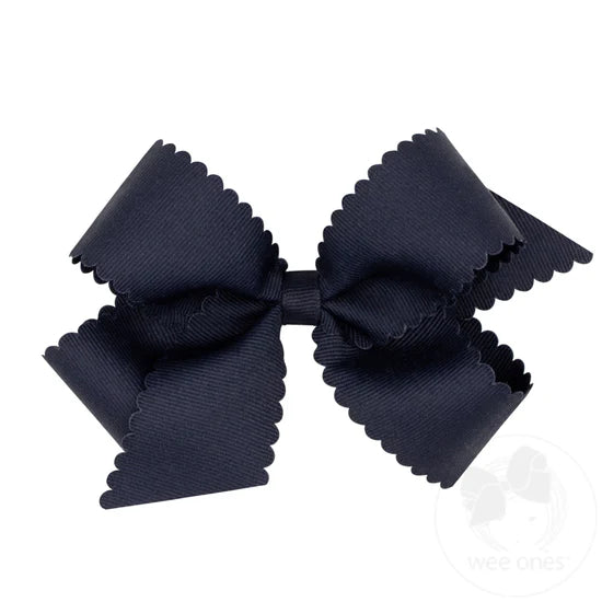 Medium Grosgrain Scalloped Edge Girls Hair Bow | Navy