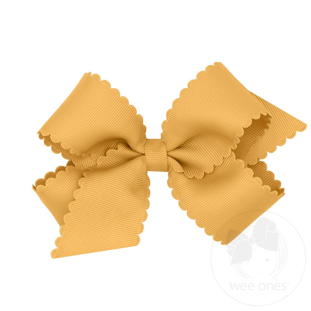 Medium Grosgrain Scalloped Edge Girls Hair Bow | Old Gold