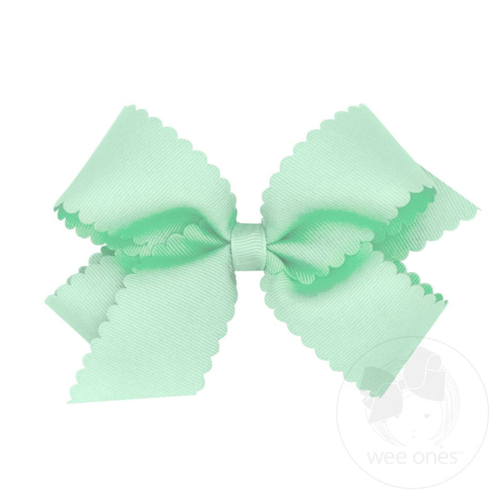 Medium Grosgrain Scalloped Edge Girls Hair Bow | Pastel Green