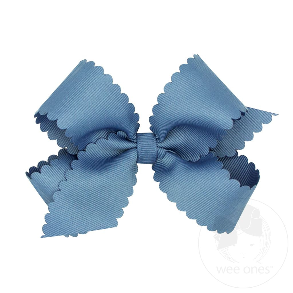 Medium Grosgrain Scalloped Edge Girls Hair Bow | Smoke Blue
