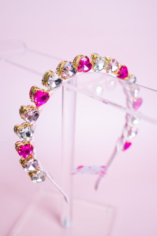 Standing Jewel Heart Satin Headband | Pink/Hot Pink