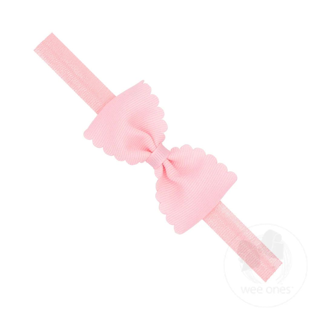 Small Scalloped Edge Grosgrain Bowtie on Elastic Band I Light Pink