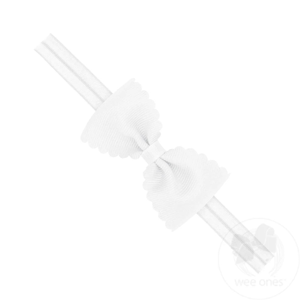 Small Scalloped Edge Grosgrain Bowtie on Elastic Band I White