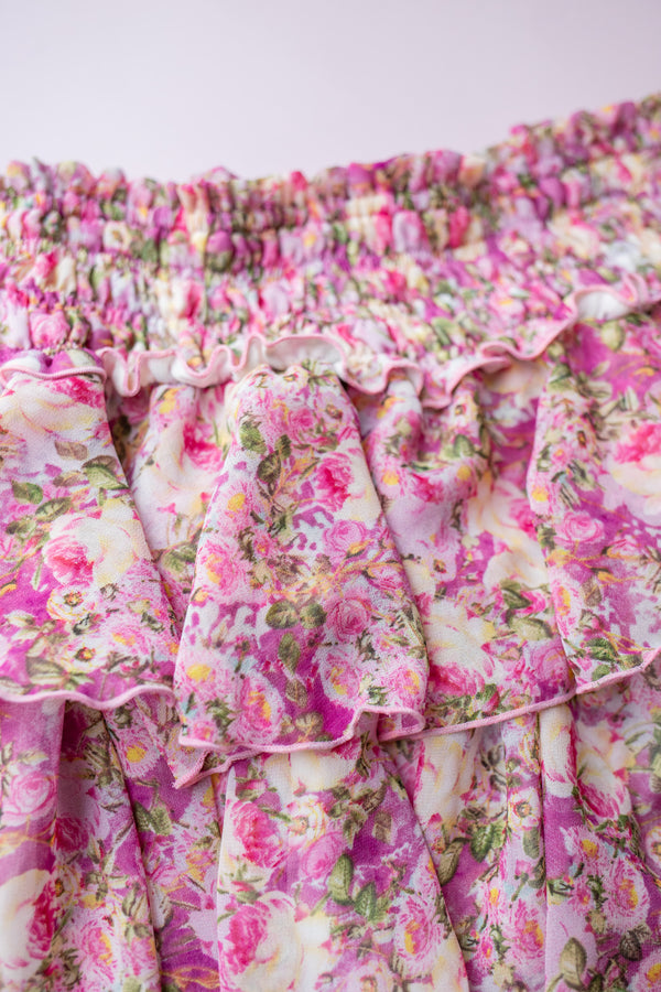 Smocked Chiffon Skirt  | Fall Pink Floral