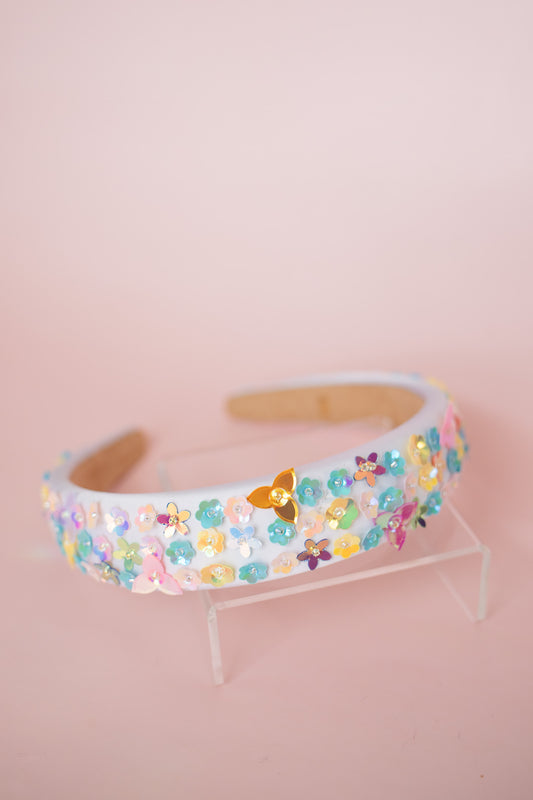 Flower Sequin Headband | White