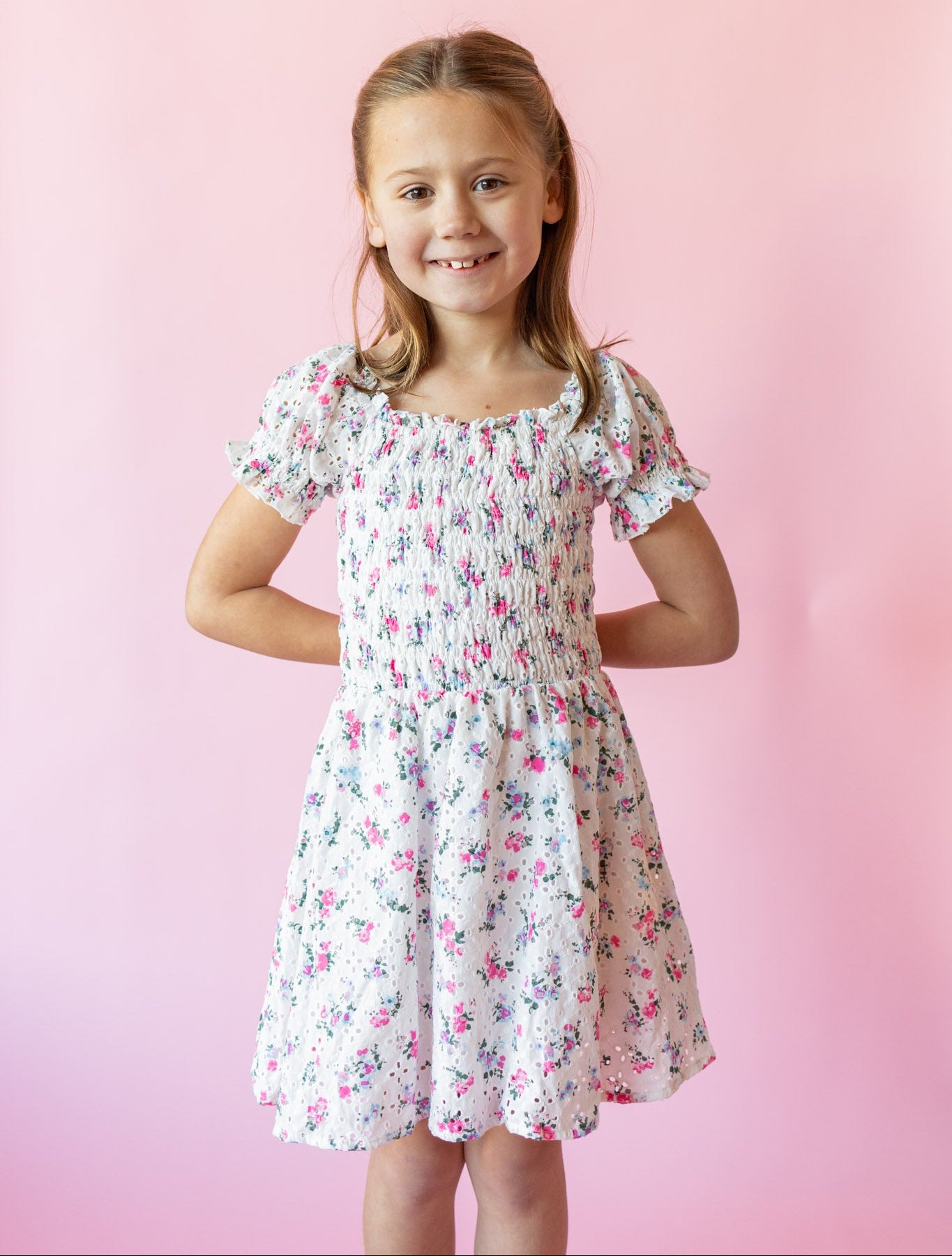 Eyelet Puff Sleeve Dress | White Multi Floral