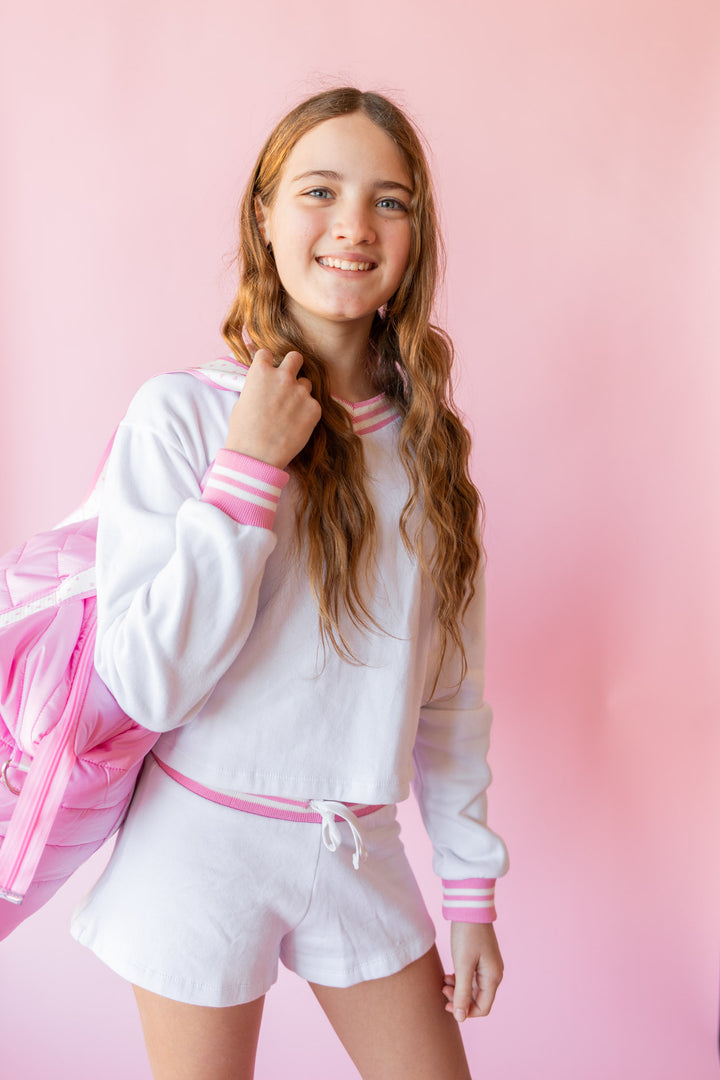 Stripe Rib Trim Sweatshirt | White + Pink