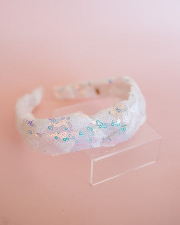 Sequin Heart Knot Headband | White