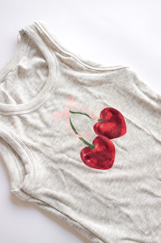 Cherry Bow Large Print Ribbed Tank | Light Misty Gray