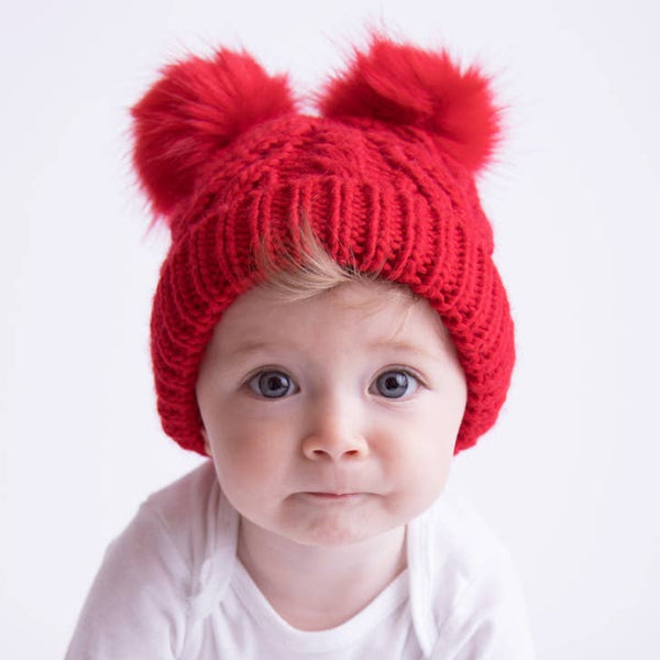 Double Pom Fluffer Beanie Hat | Red