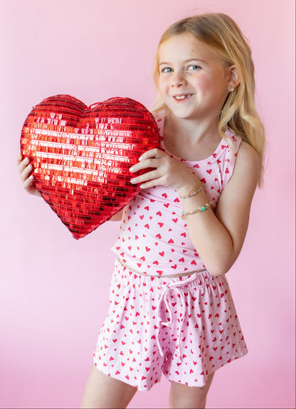 Heart Print Ribbed Short | Pink + Red