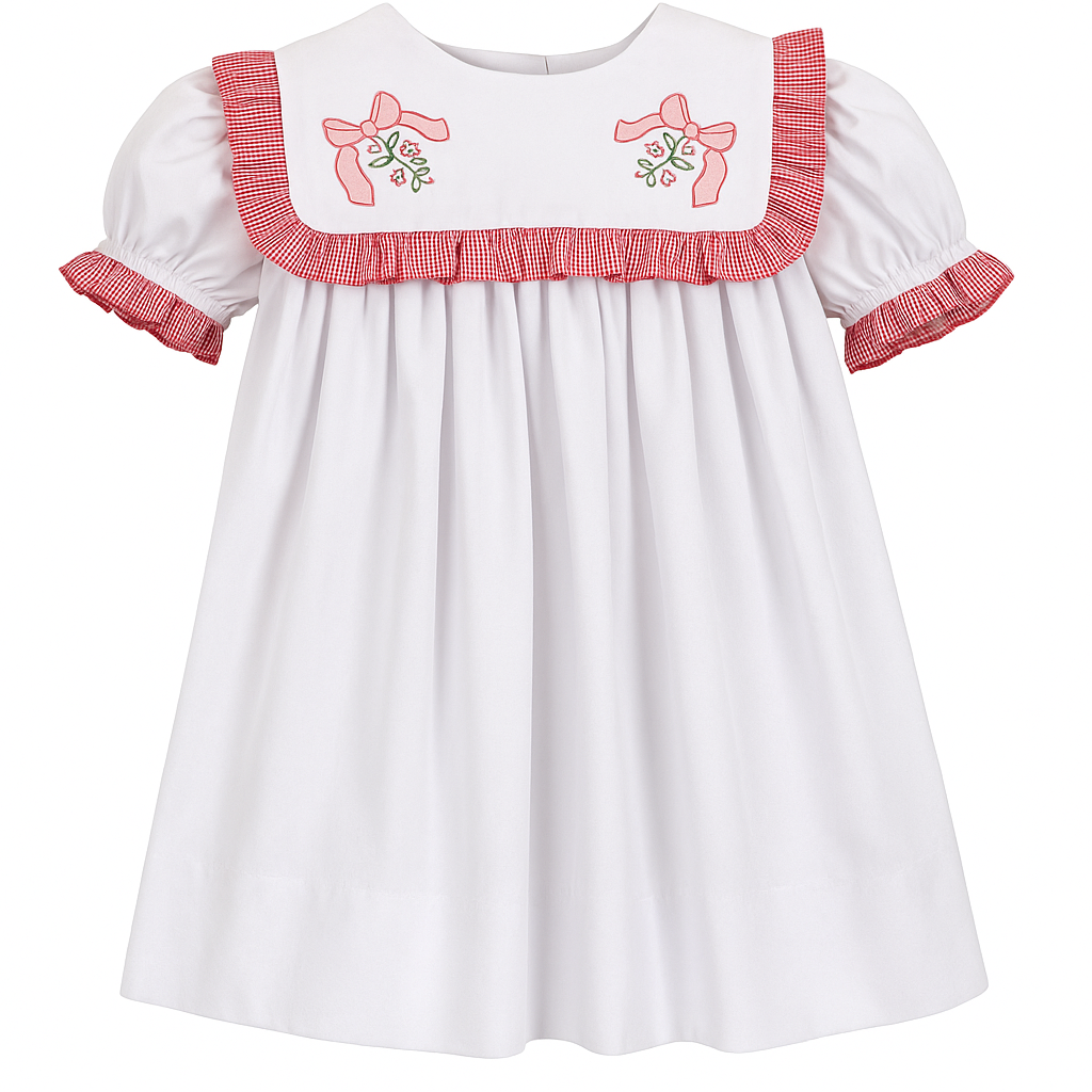 Gingham Ruffle Bow Embroidered Dress
