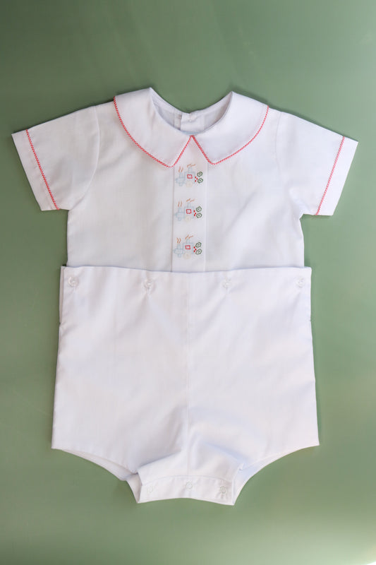 Christmas Train Embroidered Boy Suit | White/Red Check