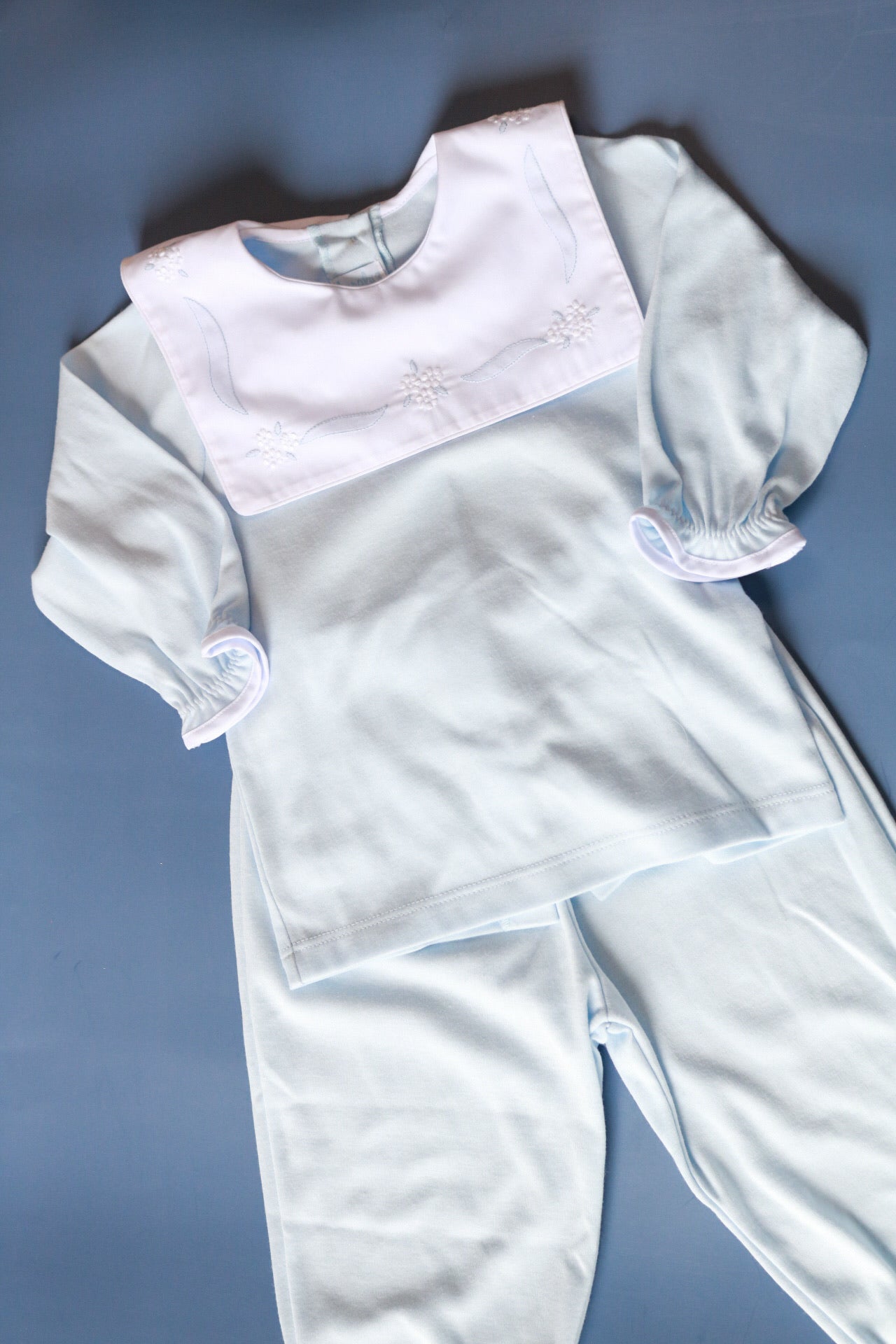 White Blue Round Neck Songket Pants Set