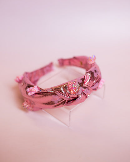 Metallic Daisy + Gummy Bear Charm Knot Headband | Pink