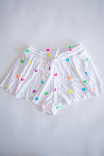 White Shorts with Neon Multi Hearts