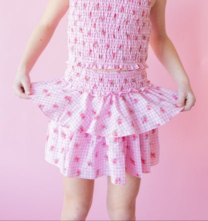 Pink Gingham Floral Tiered Skirt