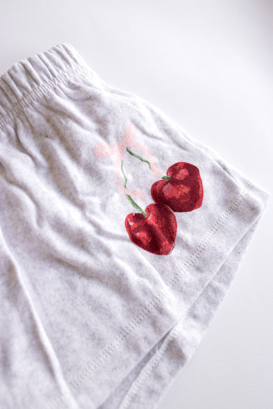 Cherry Bow Large Print Sweat Short | Light Misty Gray